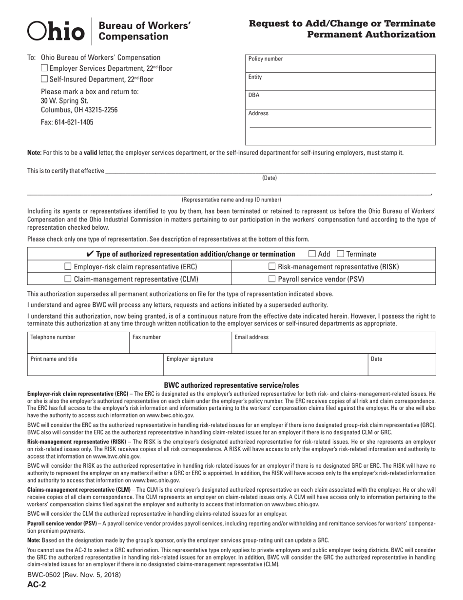 Form AC-2 (BWC-0502) Request to Add / Change or Terminate Permanent Authorization - Ohio, Page 1