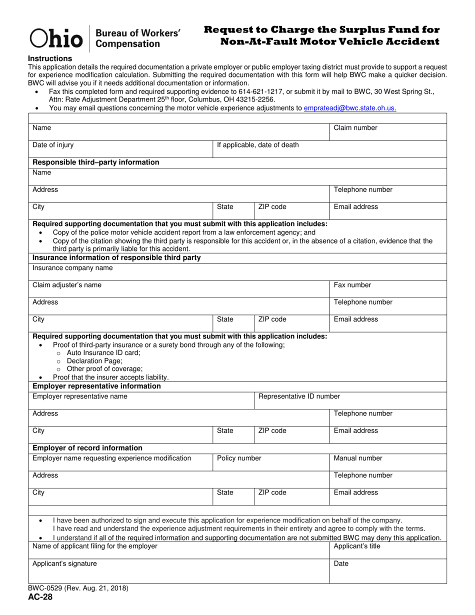 Form AC-28 (BWC-0529) Request to Charge the Surplus Fund for Non-at-Fault Motor Vehicle Accident - Ohio, Page 1