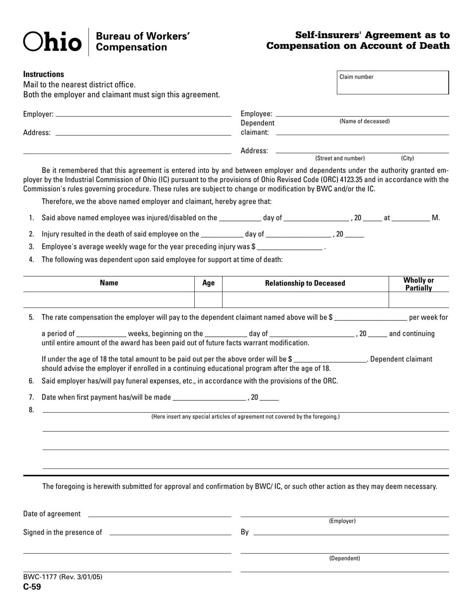 Form C-59 (BWC-1177) Self-insurers' Agreement as to Compensation on Account of Death - Ohio, Page 1