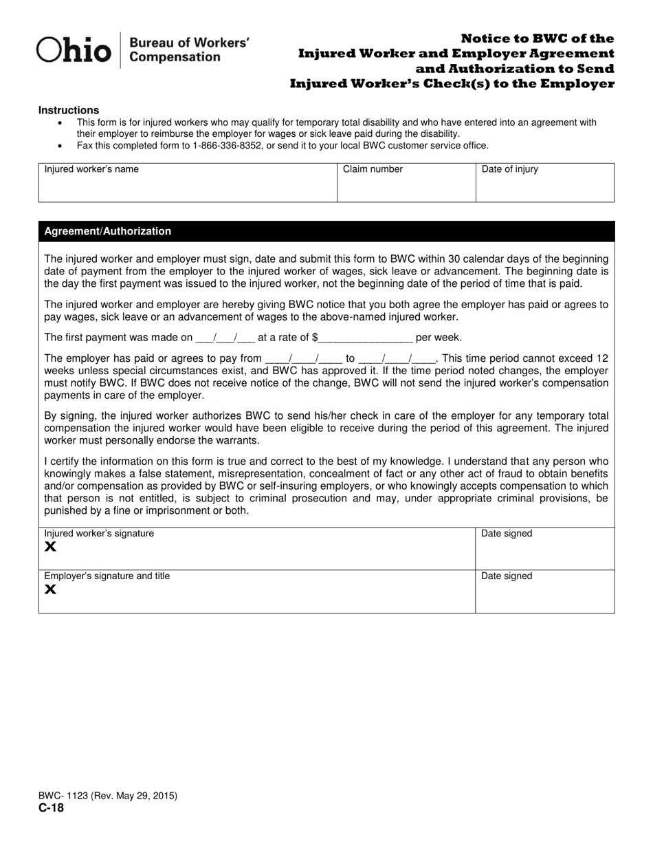 Form C-18 (BWC-1123) Notice to Bwc of the Injured Worker and Employer Agreement and Authorization to Send Injured Workers Check(S) to the Employer - Ohio, Page 1