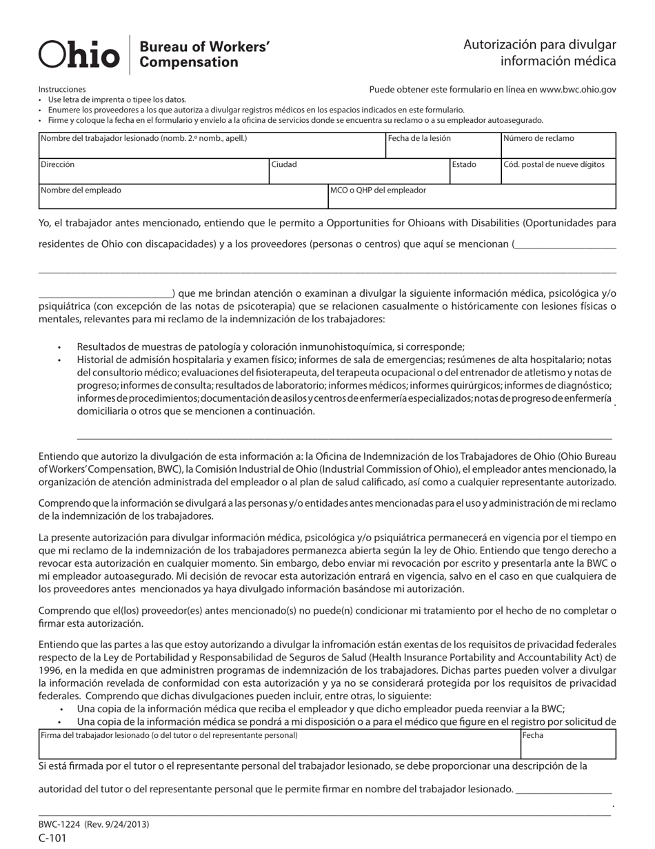 Formulario C-101-ES (BWC-1224) Autorizacion Para Divulger Informacion Medica - Ohio (Spanish), Page 1