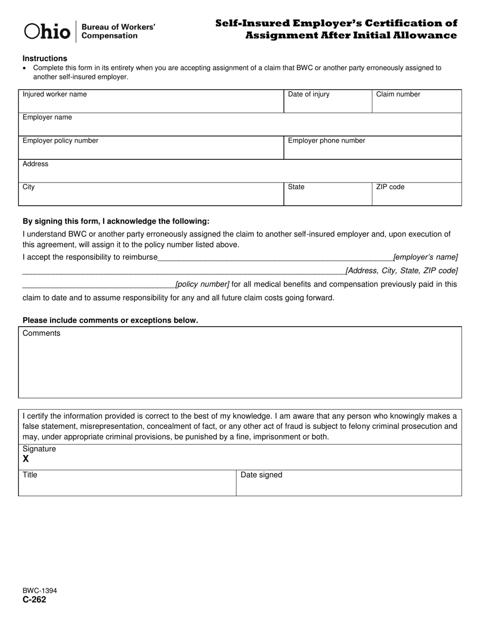 Form C-262 (BWC-1394) Self-insured Employers Certification of Assignment After Initial Allowance - Ohio, Page 1