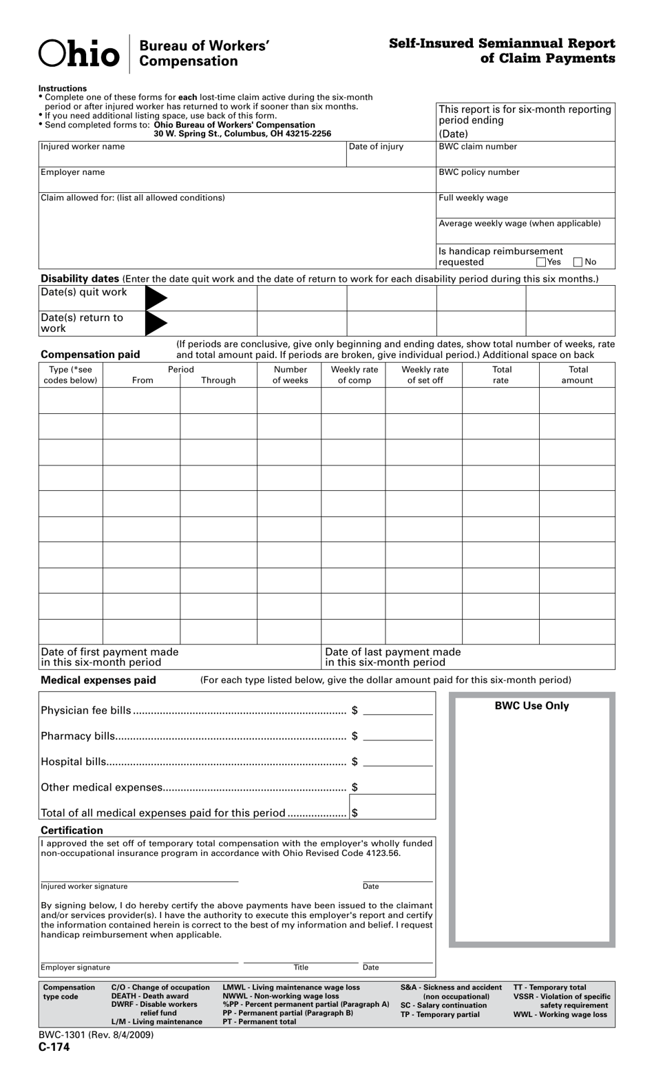Form C-174 (BWC-1301) Self-insured Semiannual Report of Claim Payments - Ohio, Page 1