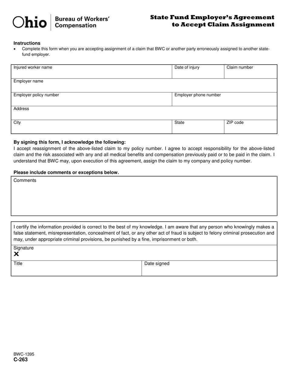 Form C-263 (BWC-1395) State Fund Employers Agreement to Accept Claim Assignment - Ohio, Page 1