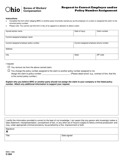 Form C-264 (BWC-1396) Request to Correct Employer and/or Policy Number Assignment - Ohio