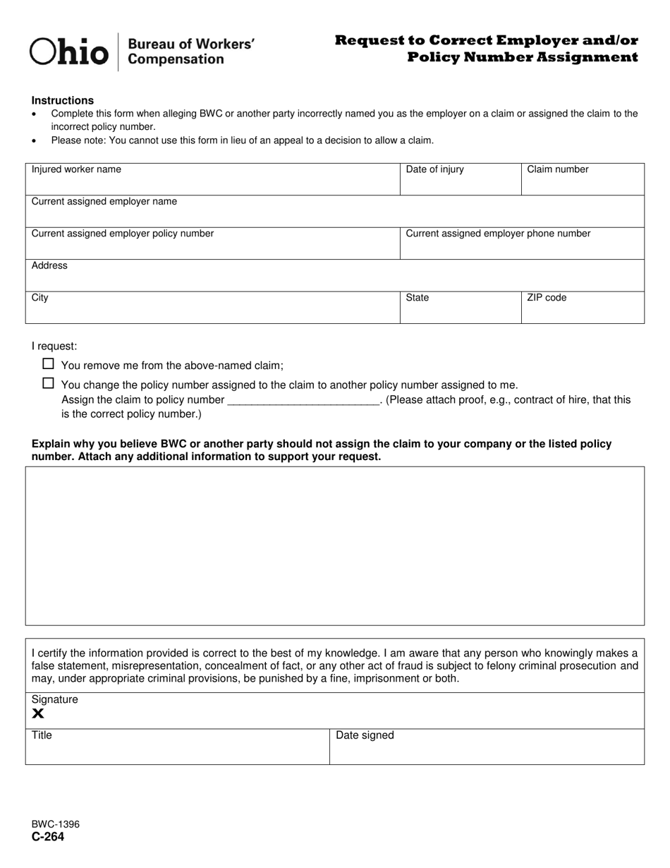 Form C-264 (BWC-1396) Request to Correct Employer and / or Policy Number Assignment - Ohio, Page 1