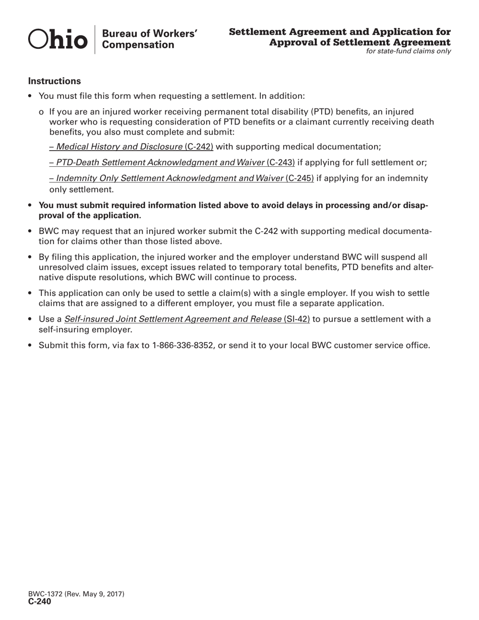 Form C-240 (BWC-1372) Settlement Agreement and Application for Approval of Settlement Agreement - Ohio, Page 1