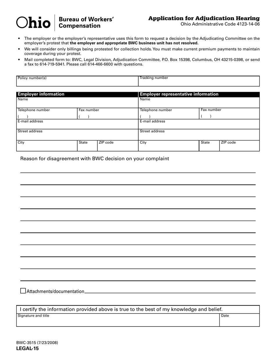 Form LEGAL-15 (BWC-3515) Application for Adjudication Hearing - Ohio, Page 1