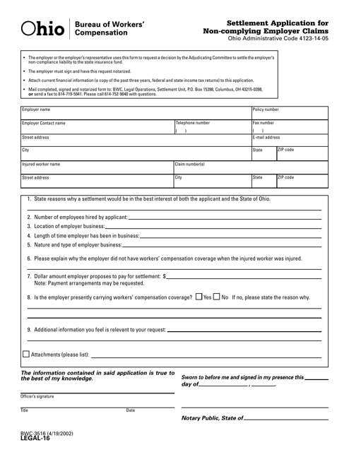 Form LEGAL-16 (BWC-3516) Settlement Application for Non-complying Employer Claims - Ohio