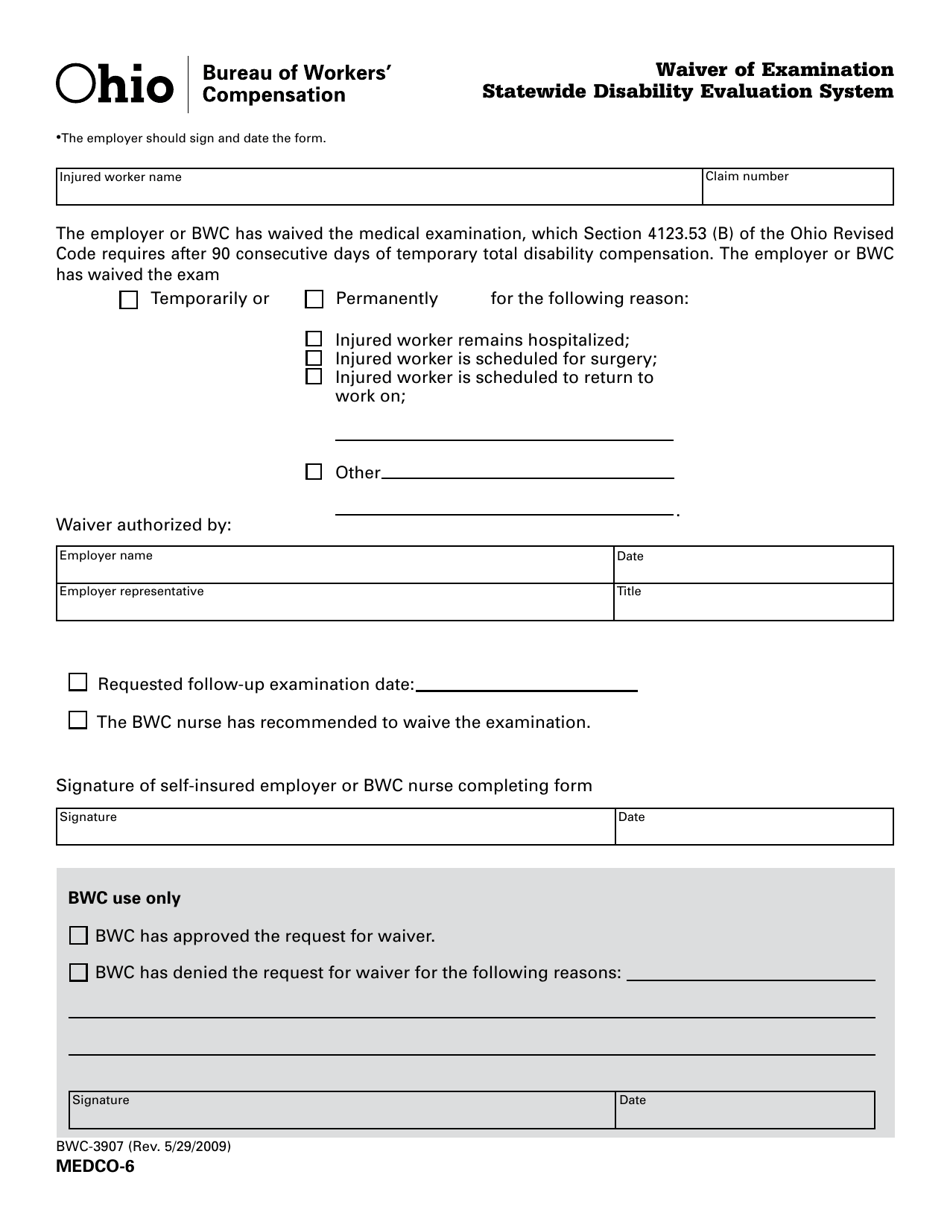 Form MEDCO-6 (BWC-3907) Waiver of Examination Statewide Disability Evaluation System - Ohio, Page 1