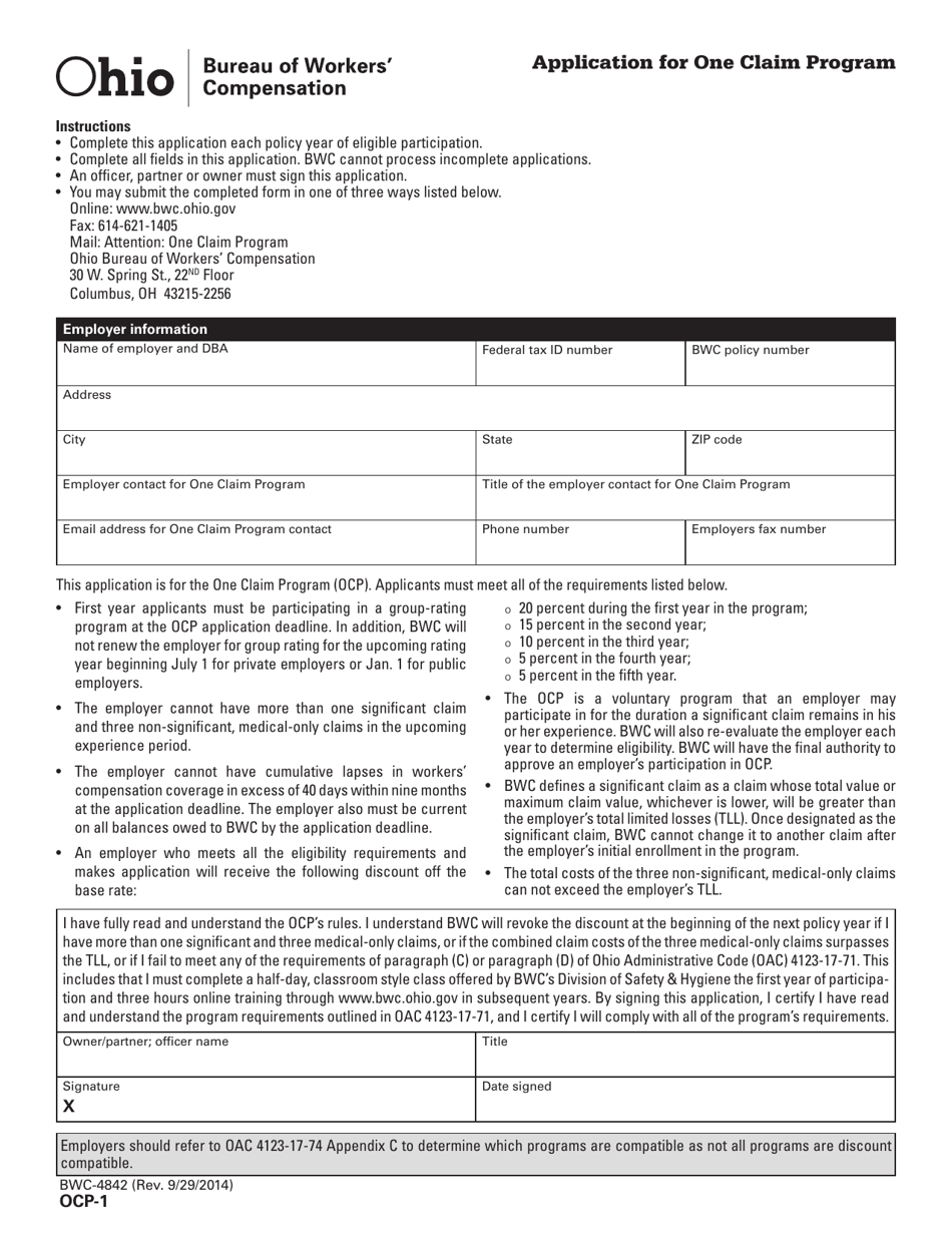 Form OCP-1 (BWC-4842) Application for One Claim Program - Ohio, Page 1