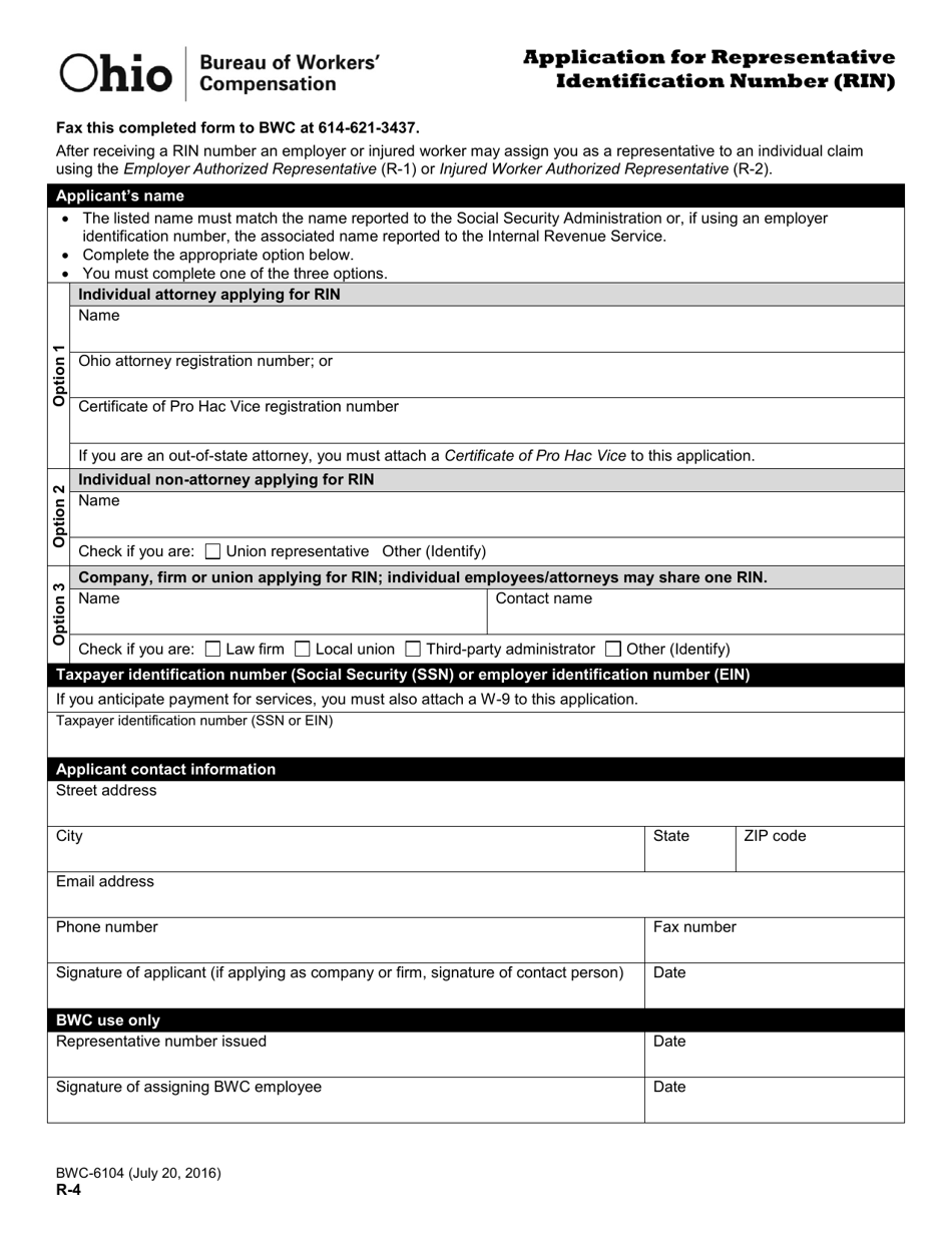 Form R-4 (BWC-6104) Application for Representative Identification Number (Rin) - Ohio, Page 1