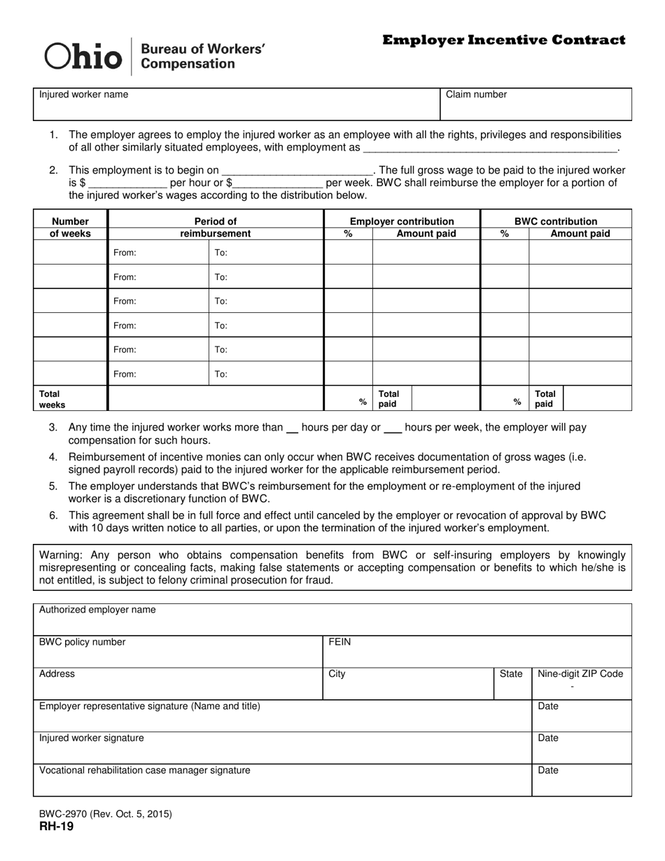Form RH-19 (BWC-2970) Employer Incentive Contract - Ohio, Page 1