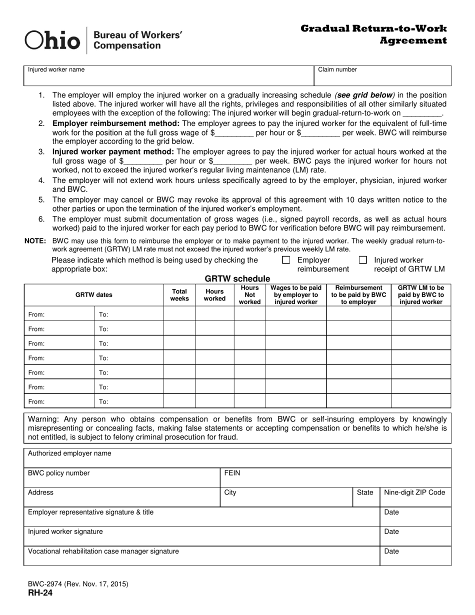 Form RH-24 (BWC-2974) Gradual Return-To-Work Agreement - Ohio, Page 1