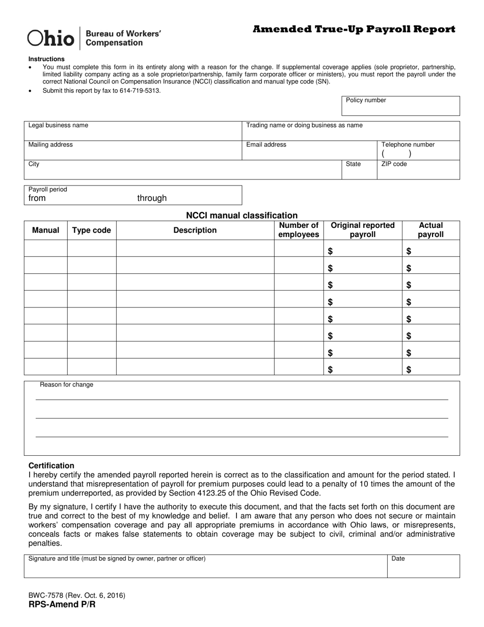 Form Rps Amend P R Bwc 7578 Download Printable Pdf Or Fill Online Amended True Up Payroll Report Ohio Templateroller