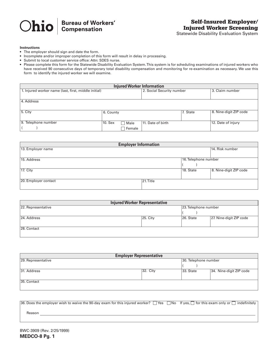 Form MEDCO-8 (BWC-3909) Self-insured Employer / Injured Worker Screening - Statewide Disability Evaluation System - Ohio, Page 1