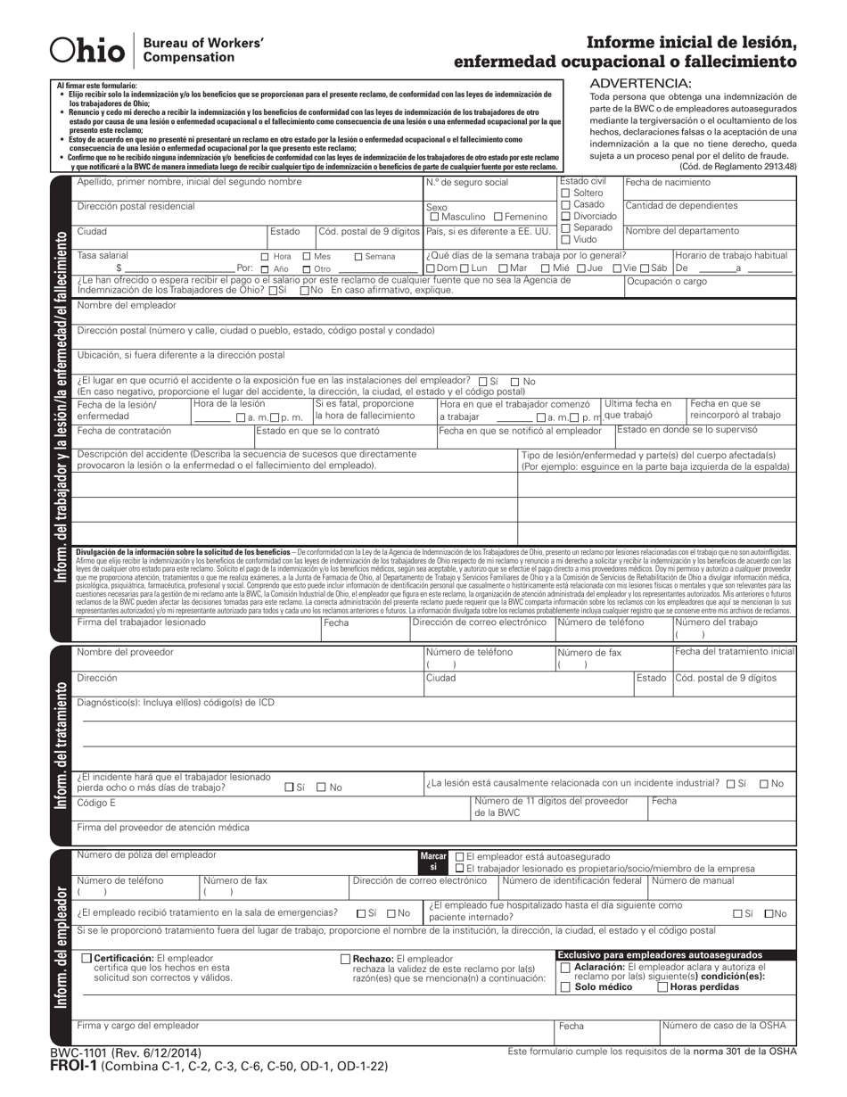 Formulario FROI-1 (BWC-1101) Informe Inicial De Lesion, Enfermedad Ocupacional O Fallecimiento - Ohio (Spanish), Page 3