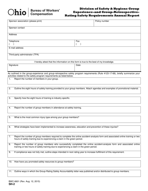 Form SH-2 (BWC-6601) Division of Safety & Hygiene Group Experience-And Group-Retrospective Rating Safety Requirements Annual Report - Ohio