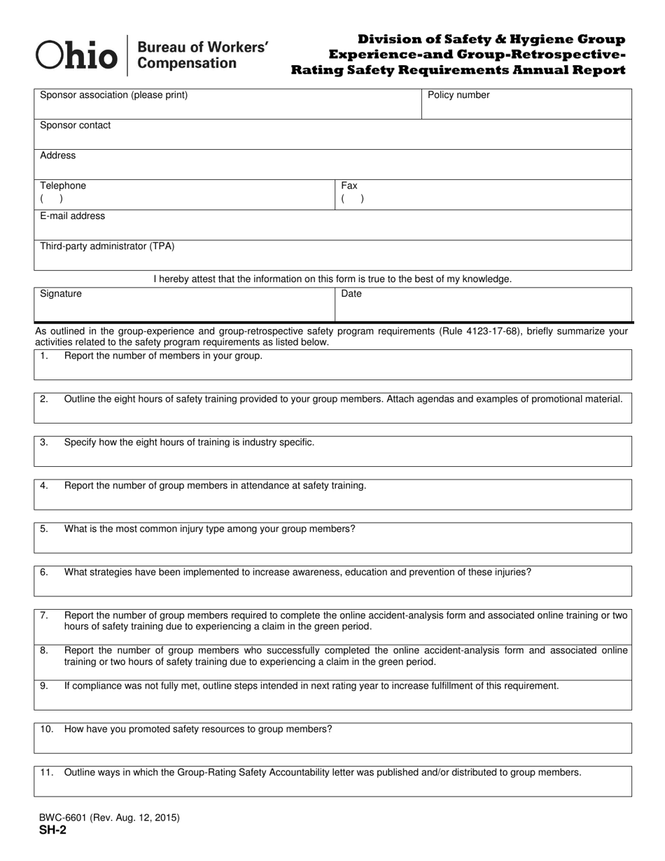 Form SH-2 (BWC-6601) Division of Safety  Hygiene Group Experience-And Group-Retrospective Rating Safety Requirements Annual Report - Ohio, Page 1