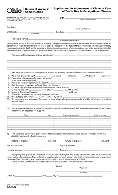 OD- Form 58-22 (BWC-4463) Application for Adjustment of Claim in Case of Death Due to Occupational Disease - Ohio