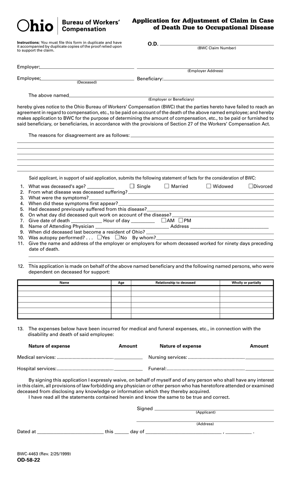 OD- Form 58-22 (BWC-4463) Application for Adjustment of Claim in Case of Death Due to Occupational Disease - Ohio, Page 1