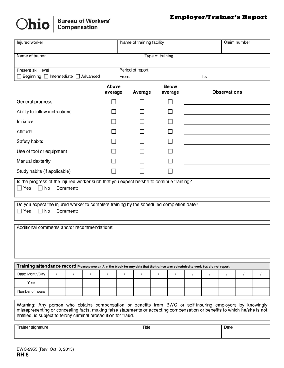 Form RH-5 (BWC-2955) Employer/Trainers Report - Ohio, Page 1