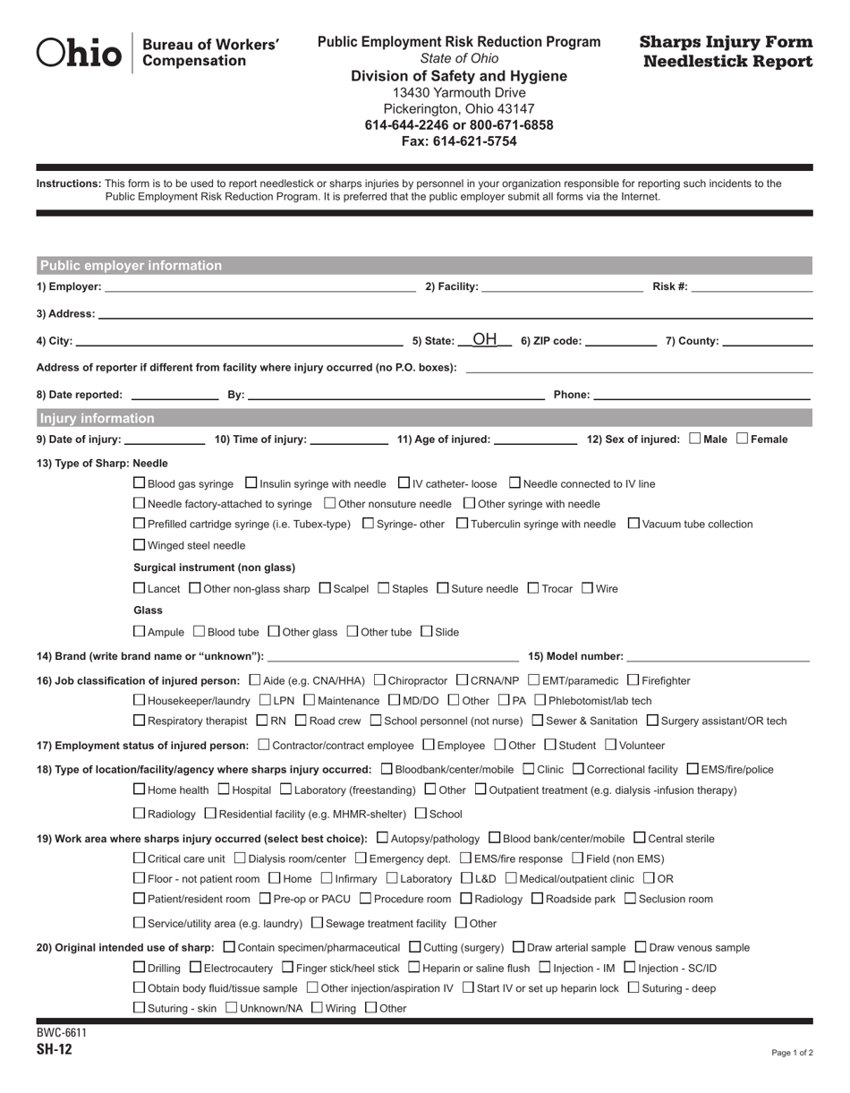Form SH-12 (BWC-6611) Sharps Injury Form Needlestick Report - Ohio, Page 1