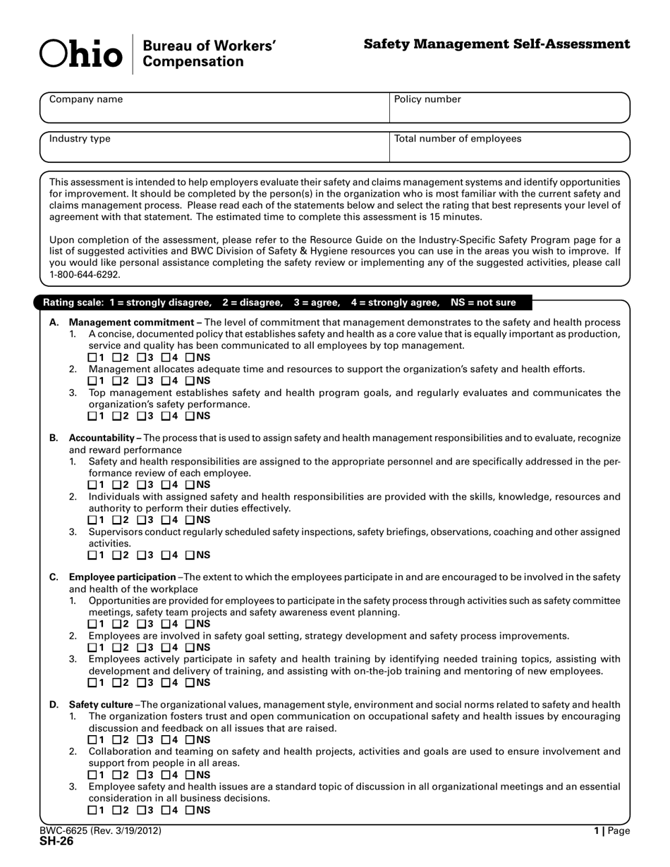 Form SH-26 (BWC-6625) Safety Management Self-assessment - Ohio, Page 1