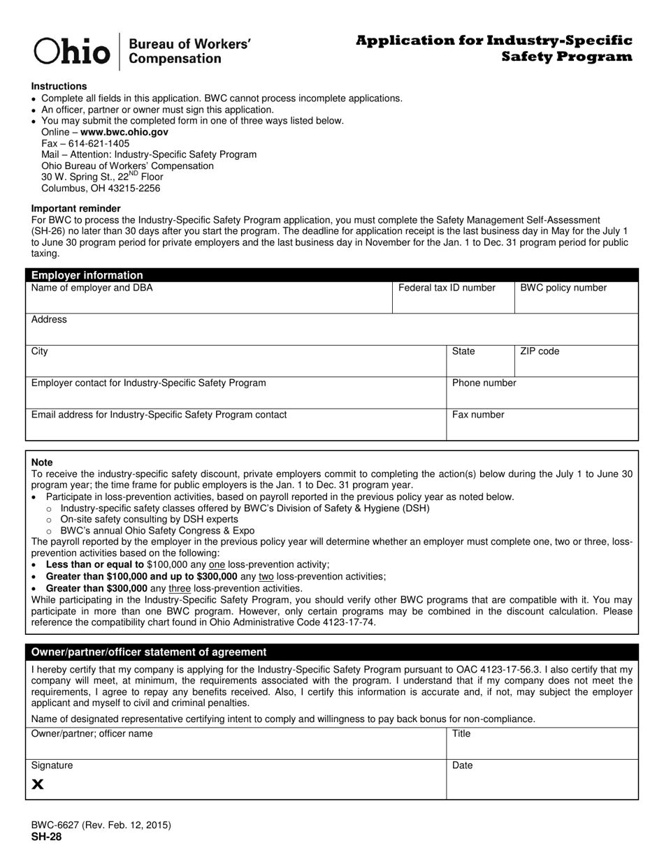 Form SH-28 (BWC-6627) Application for Industry-Specific Safety Program - Ohio, Page 1