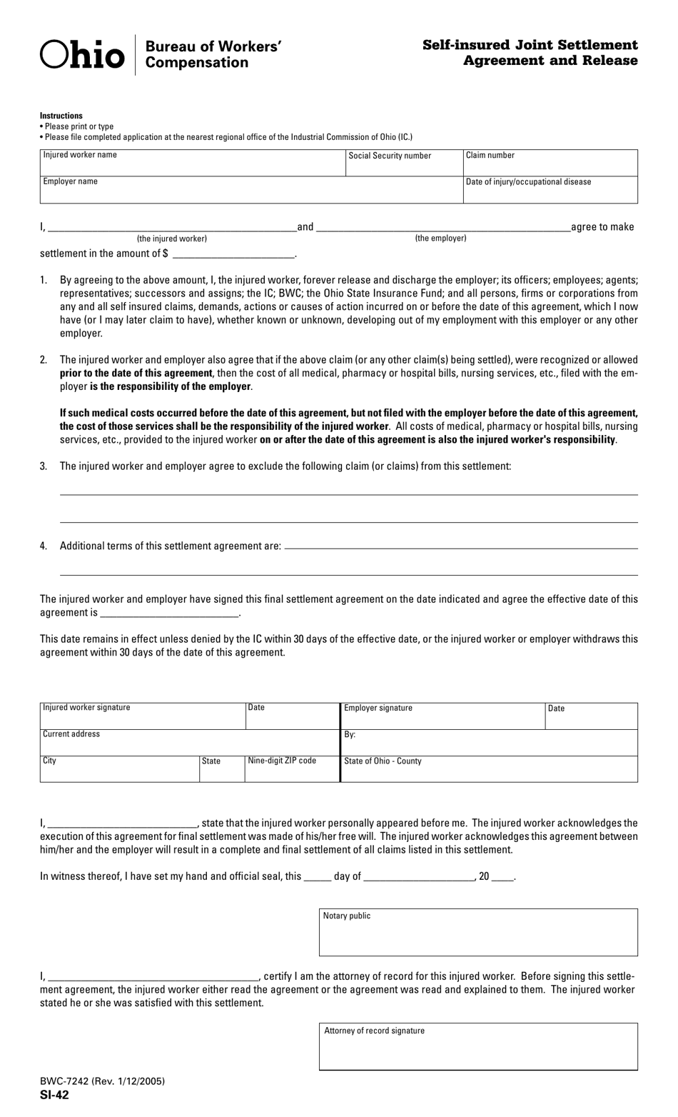 Form SI-42 (BWC-7242) Self-insured Joint Settlement Agreement and Release - Ohio, Page 1