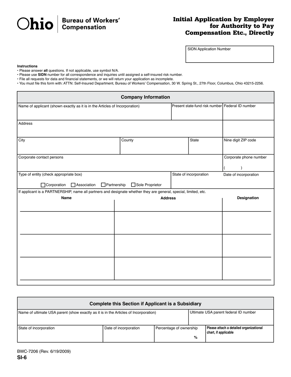 Form BWC-7206 (SI-6) Initial Application by Employer for Authority to Pay Compensation Etc., Directly - Ohio, Page 1