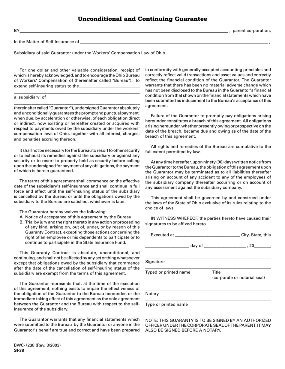 Form BWC-7238 (SI-38) Unconditional and Continuing Guarantee - Ohio, Page 1