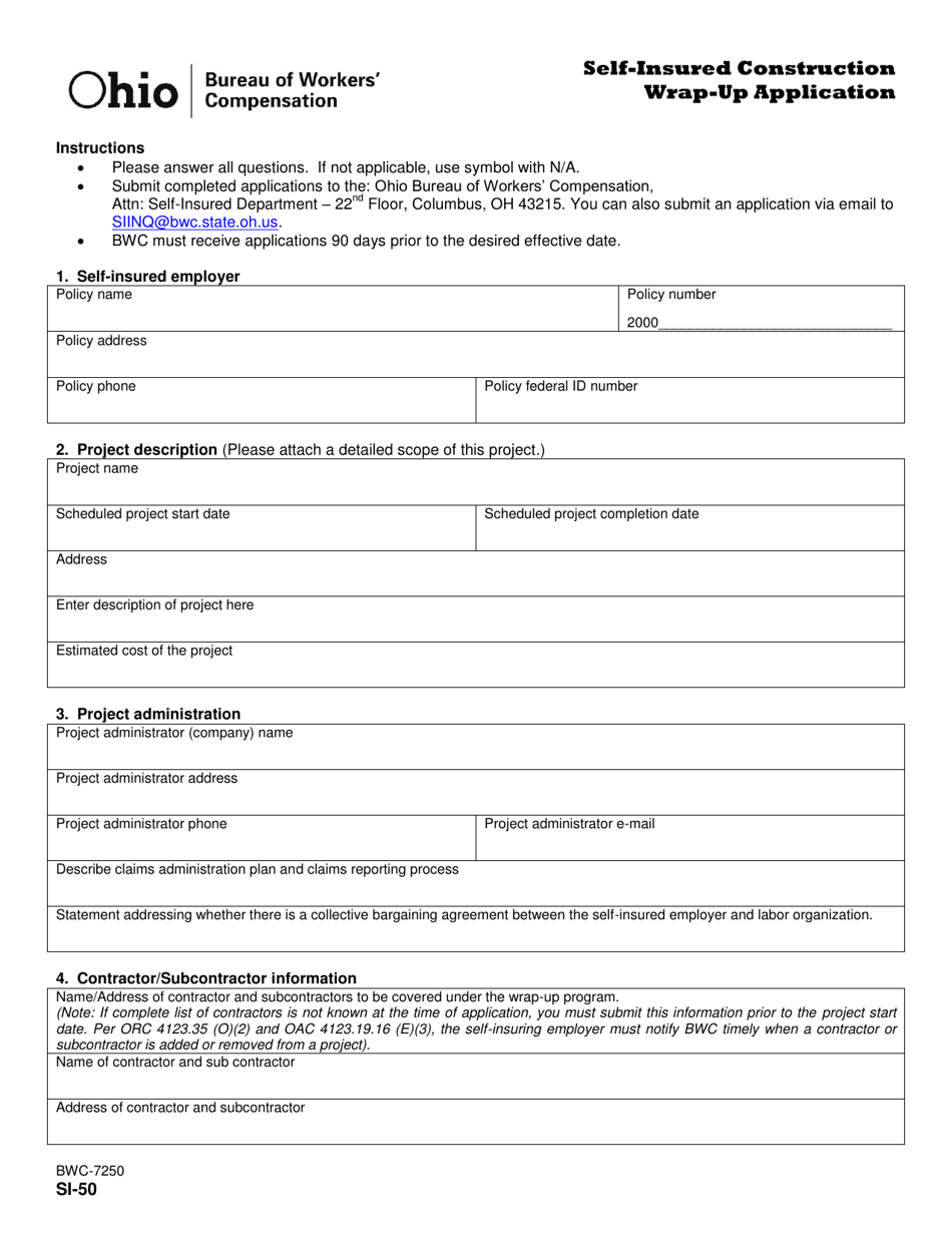 Form BWC-7250 (SI-50) Self-insured Construction Wrap-Up Application - Ohio, Page 1