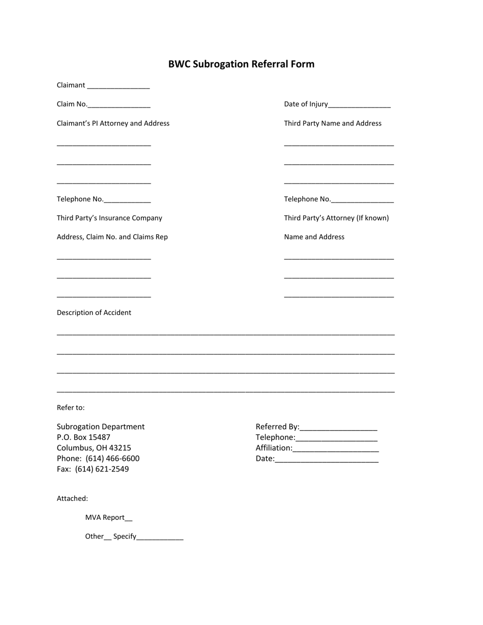 Bwc Subrogation Referral Form - Ohio, Page 1