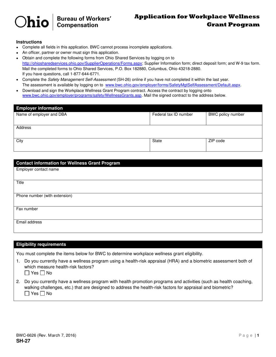Form SH-27 (BWC-6626) Application for Workplace Wellness Grant Program - Ohio, Page 1