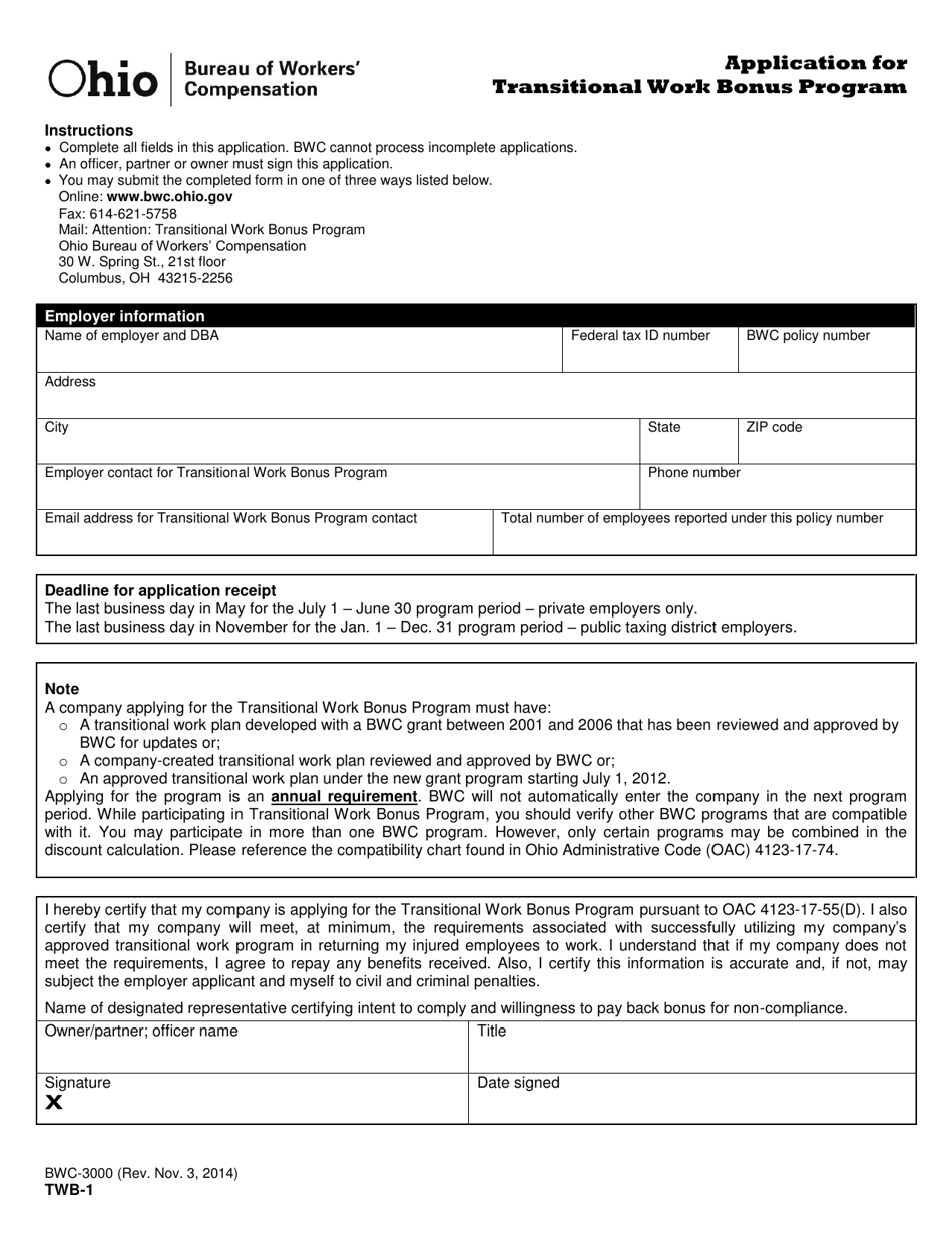 Form TWB-1 (BWC-3000) Application for Transitional Work Bonus Program - Ohio, Page 1