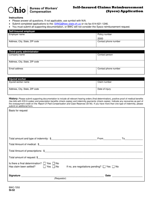 Form SI-52 (BWC-7252) Self-insured Claims Reimbursement (Sysco) Application - Ohio