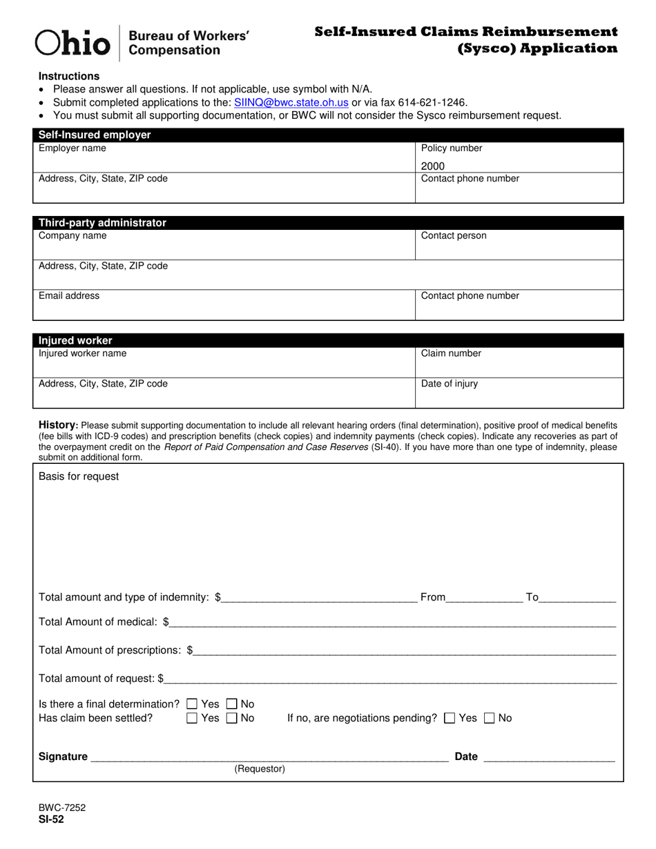Form SI-52 (BWC-7252) Self-insured Claims Reimbursement (Sysco) Application - Ohio, Page 1