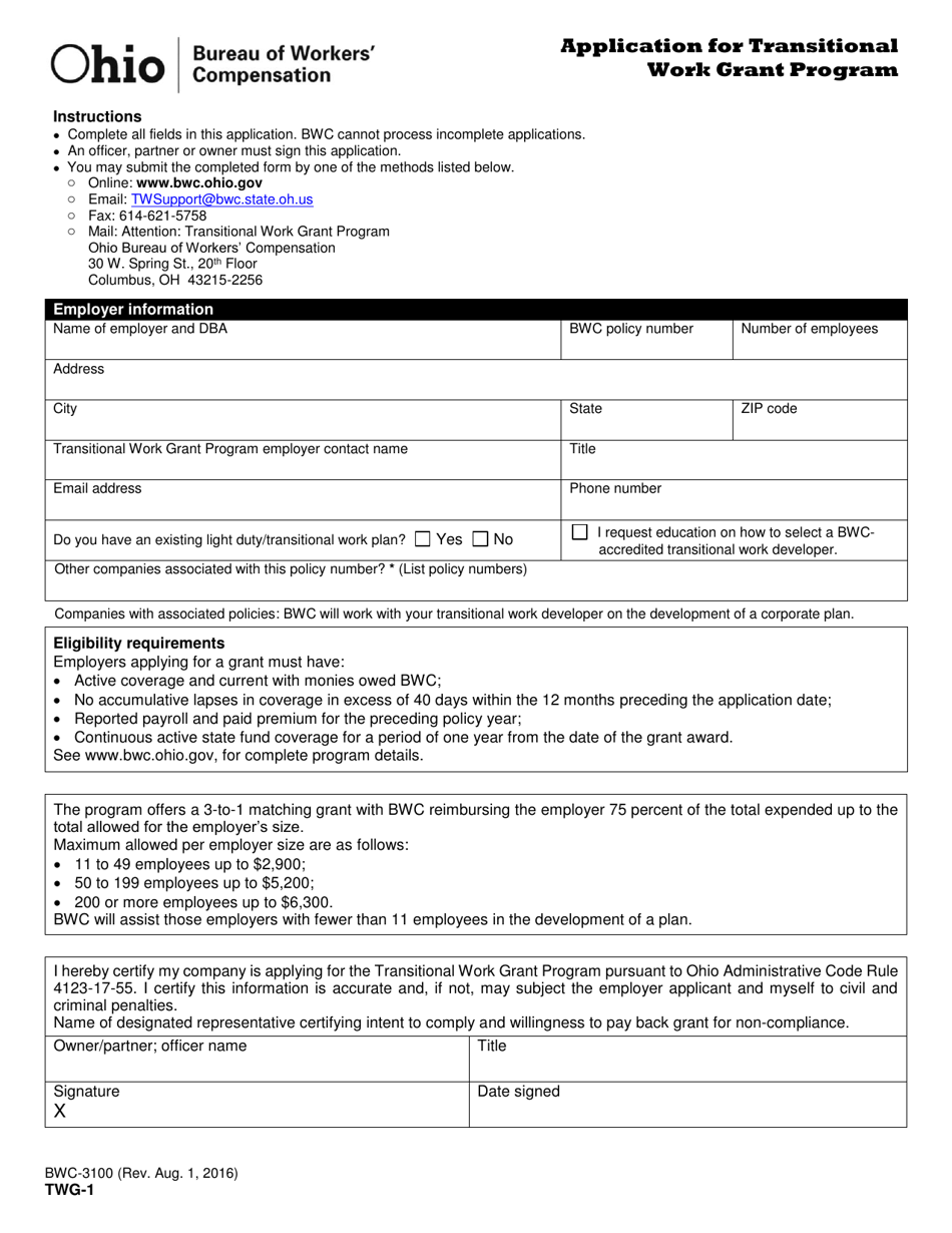 Form TWG-1 (BWC-3100) Application for Transitional Work Grant Program - Ohio, Page 1