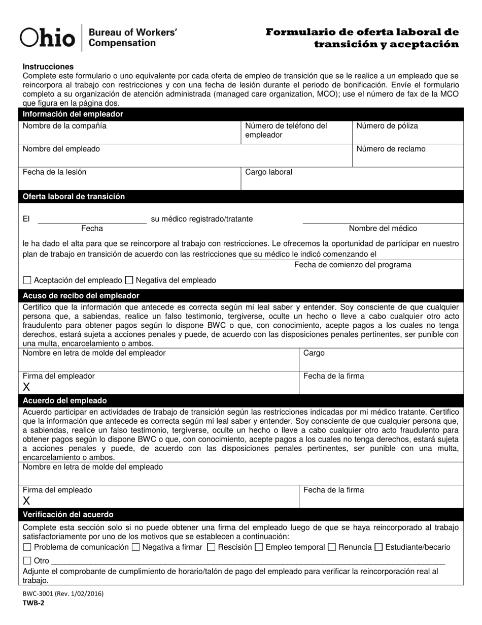 Formulario TWB-2 (BWC-3001) Formulario De Oferta Laboral De Transicion Y Aceptacion - Ohio (Spanish), Page 1