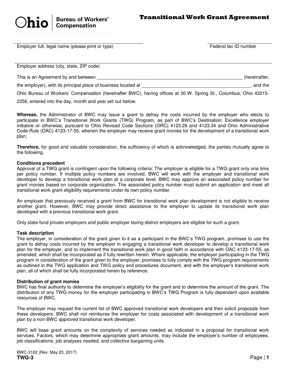 Form TWG-3 (BWC-3102) Transitional Work Grant Agreement - Ohio, Page 1