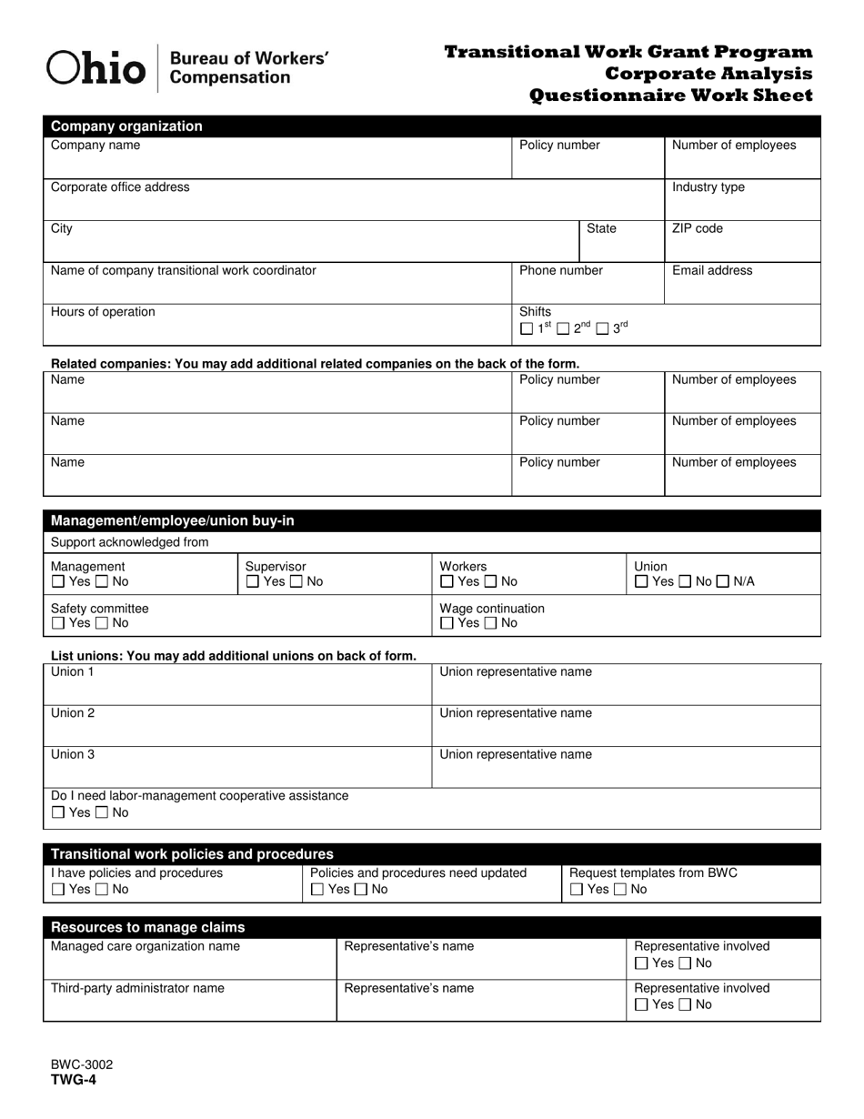 Form TWG-4 (BWC-3002) Transitional Work Grant Program Corporate Analysis Questionnaire Work Sheet - Ohio, Page 1