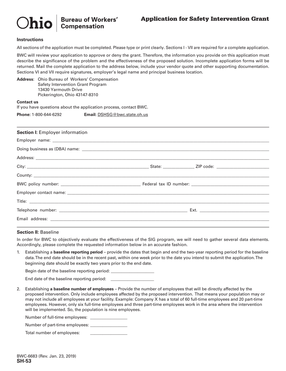Form SH-53 (BWC-6683) Application for Safety Intervention Grant - Ohio, Page 1