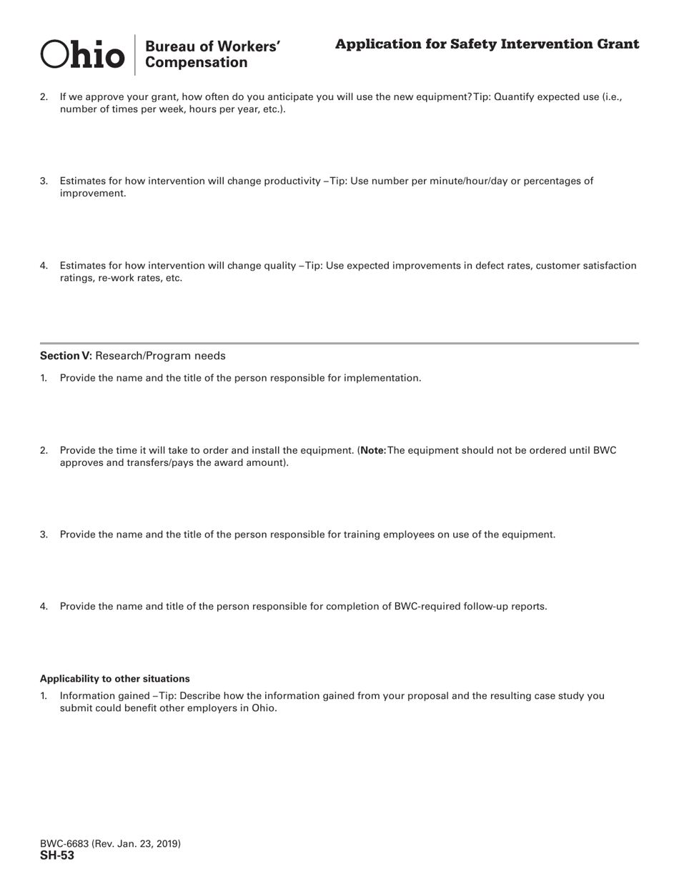 Form SH-53 (BWC-6683) Application for Safety Intervention Grant - Ohio, Page 5