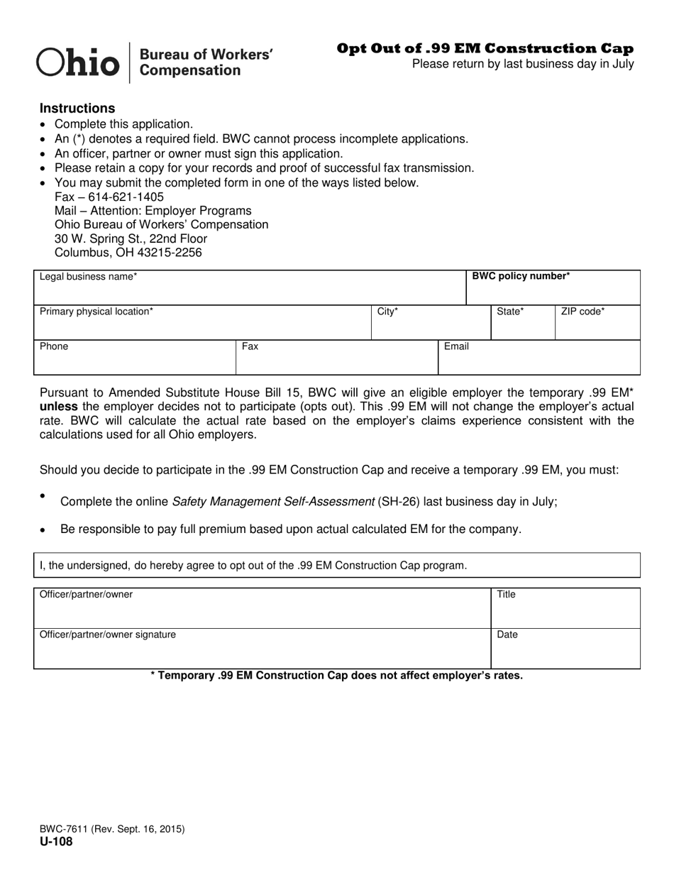 Form U-108 (BWC-7611) Opt out of .99 Em Construction Cap - Ohio, Page 1