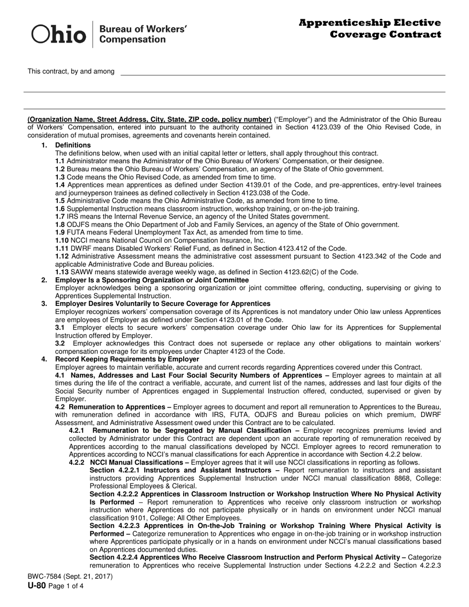 Form U-80 (BWC-7584) Apprenticeship Elective Coverage Contract - Ohio, Page 1
