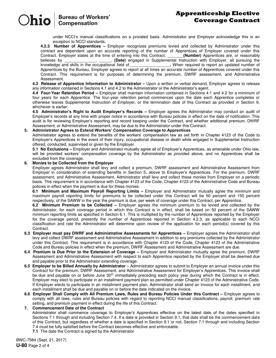 Form U-80 (BWC-7584) Apprenticeship Elective Coverage Contract - Ohio, Page 2