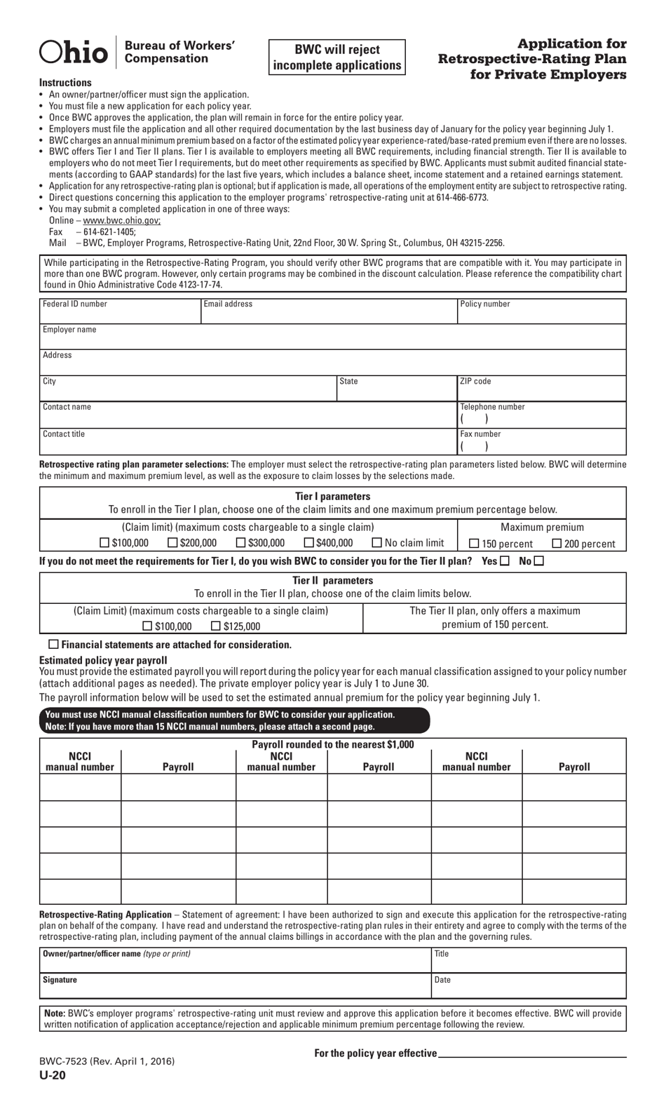 Form U-20 (BWC-7523) Application for Retrospective-Rating Plan for Private Employers - Ohio, Page 1