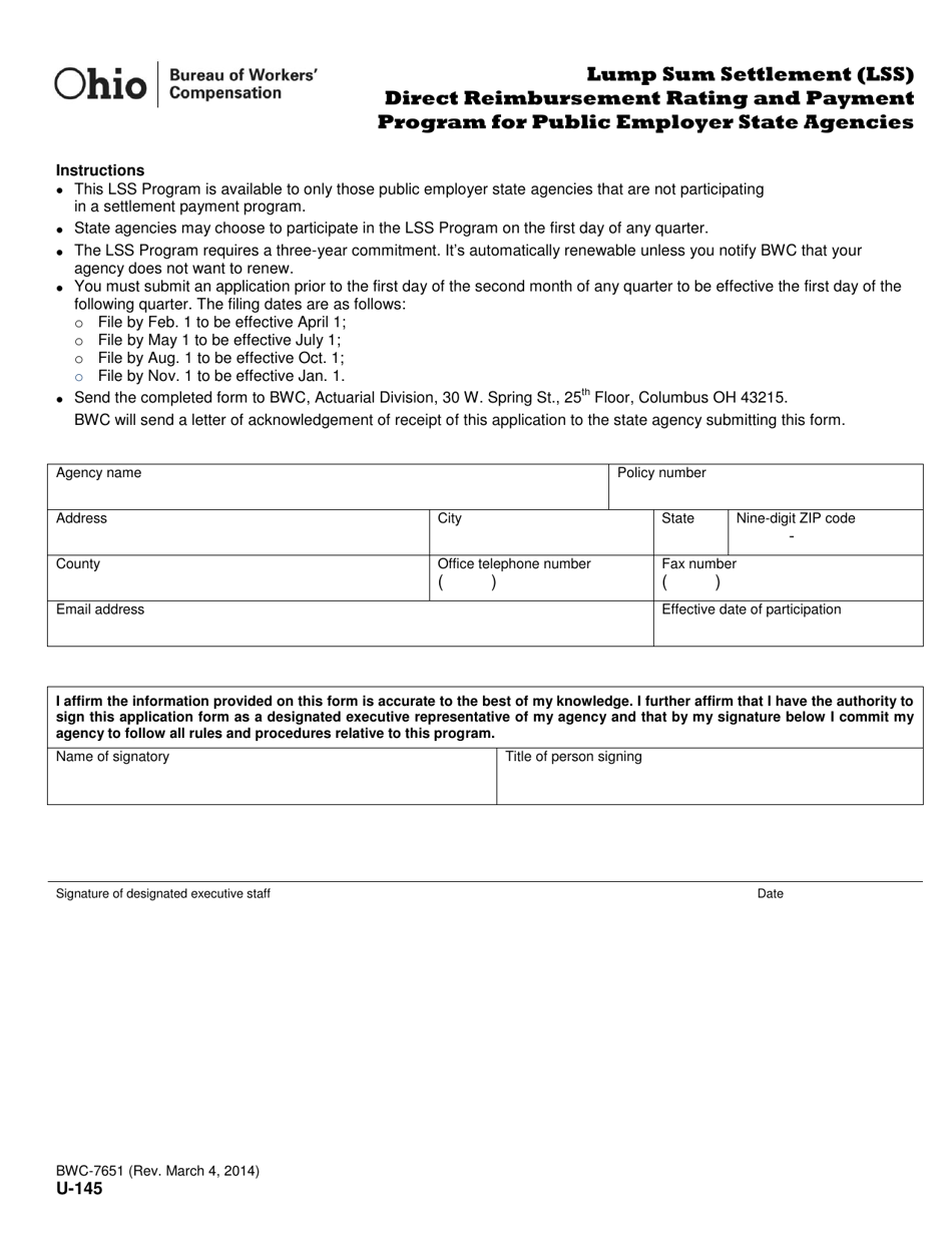 Form U-145 (BWC-7651) Lump Sum Settlement (Lss) Direct Reimbursement Rating and Payment Program for Public Employer State Agencies - Ohio, Page 1