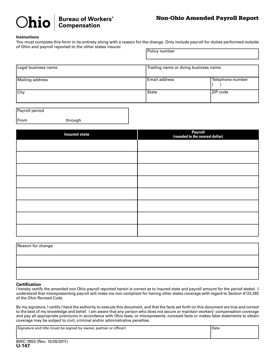 Form U-147 (BWC-7653) Non-ohio Amended Payroll Report - Ohio, Page 1